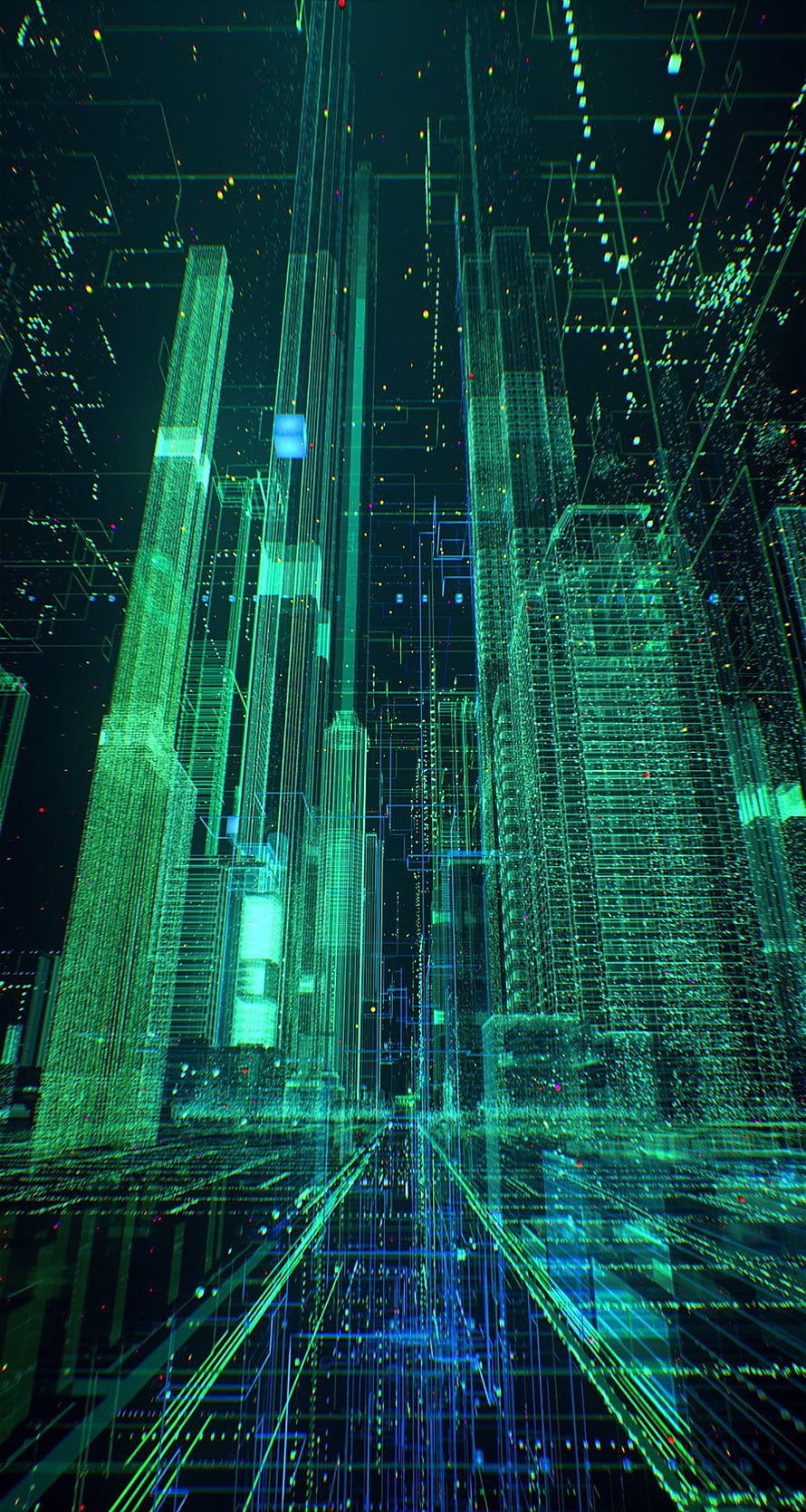 Futuristic Digital Cityscape with Neon Green Wireframe Architecture and Cyber Grid HD phone wallpaper