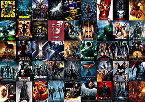 Grid of Marvel and DC Superhero Movie Posters Including Avengers, X-Men, and Spider-Man HD wallpaper