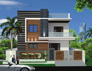 Modern Two-Story Duplex House with Wood Siding, Stone Accents, and Glass Balconies HD wallpaper