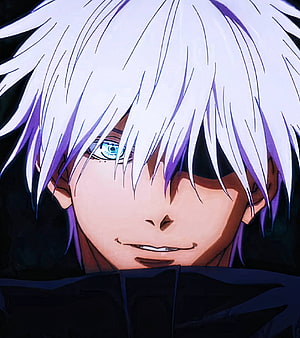 Gojo Satoru Close-Up Portrait With White Hair And Blue Eyes From Jujutsu Kaisen HD phone wallpaper