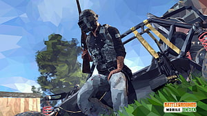 Battlegrounds Mobile India Low Poly Soldier Leaning on Off-Road Vehicle in Stylized Landscape HD wallpaper