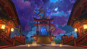 Genshin Impact Inazuma Shrine with Glowing Tree and Purple Cherry Blossoms HD wallpaper