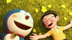 Doraemon and Nobita Lying on Grass with Ginkgo Leaves in 3D Animation HD wallpaper