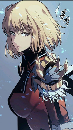 Cha Hae from Solo Leveling in ornate armor with short blonde hair and falling snow HD phone wallpaper