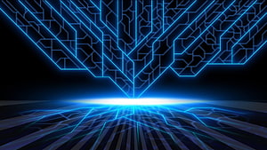 Futuristic Neon Circuit Board Perspective with Glowing Blue Tech Lines HD wallpaper