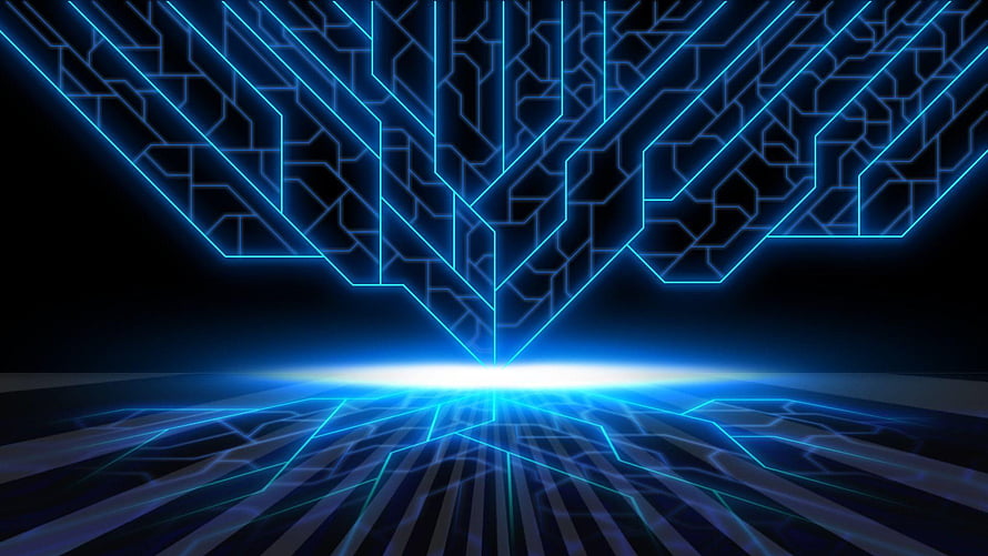 Futuristic Neon Circuit Board Perspective with Glowing Blue Tech Lines HD wallpaper