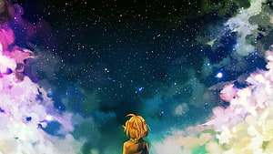 Anime Girl Gazing at Starry Night Sky with Colorful Nebula Clouds HD wallpaper