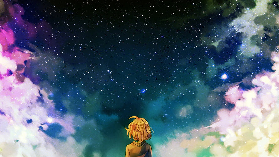Anime Girl Gazing at Starry Night Sky with Colorful Nebula Clouds HD wallpaper