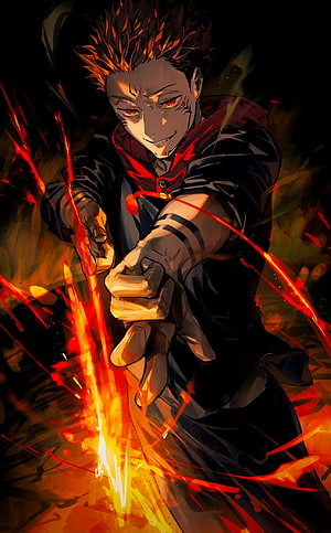 Jujutsu Kaisen Character Wielding Fiery Red Energy in Dark Anime Illustration HD phone wallpaper