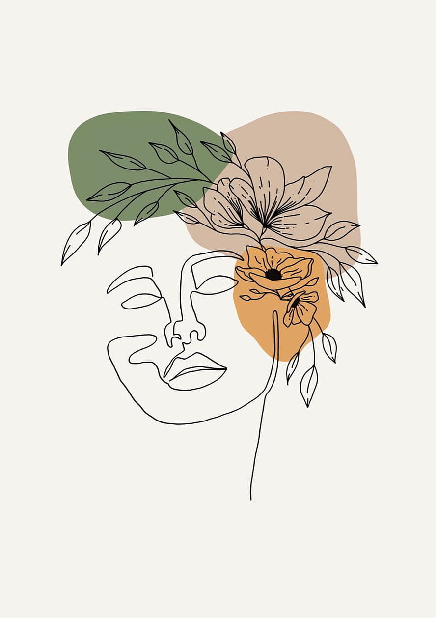 Minimalist One-Line Woman Portrait with Botanical Floral Accents and Earthy Color Blocks HD phone wallpaper