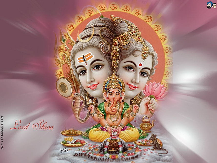 Lord Shiva and Goddess Parvati with Baby Ganesha in Divine Hindu Art HD wallpaper