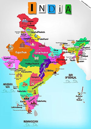 Colorful Illustrated Map of India with State Names and Landmarks HD phone wallpaper