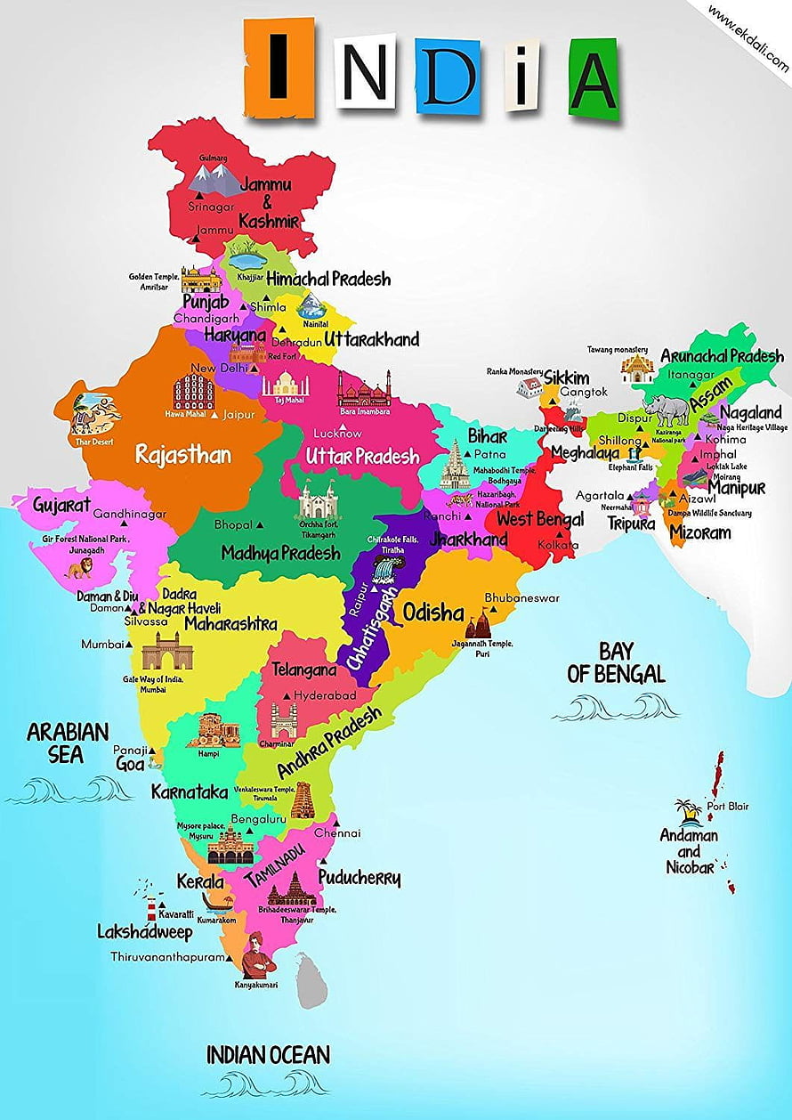 Colorful Illustrated Map of India with State Names and Landmarks HD phone wallpaper