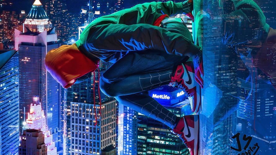 Miles Morales Spider-Man Crouched on Glass Skyscraper at Night HD wallpaper