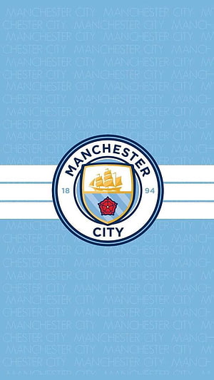 Manchester City Official Club Crest on Light Blue Background with Repeating Text Pattern HD phone wallpaper