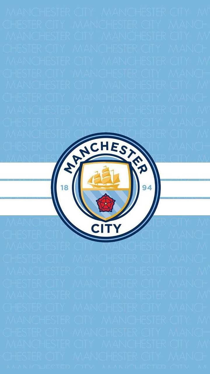 Manchester City Official Club Crest on Light Blue Background with Repeating Text Pattern HD phone wallpaper