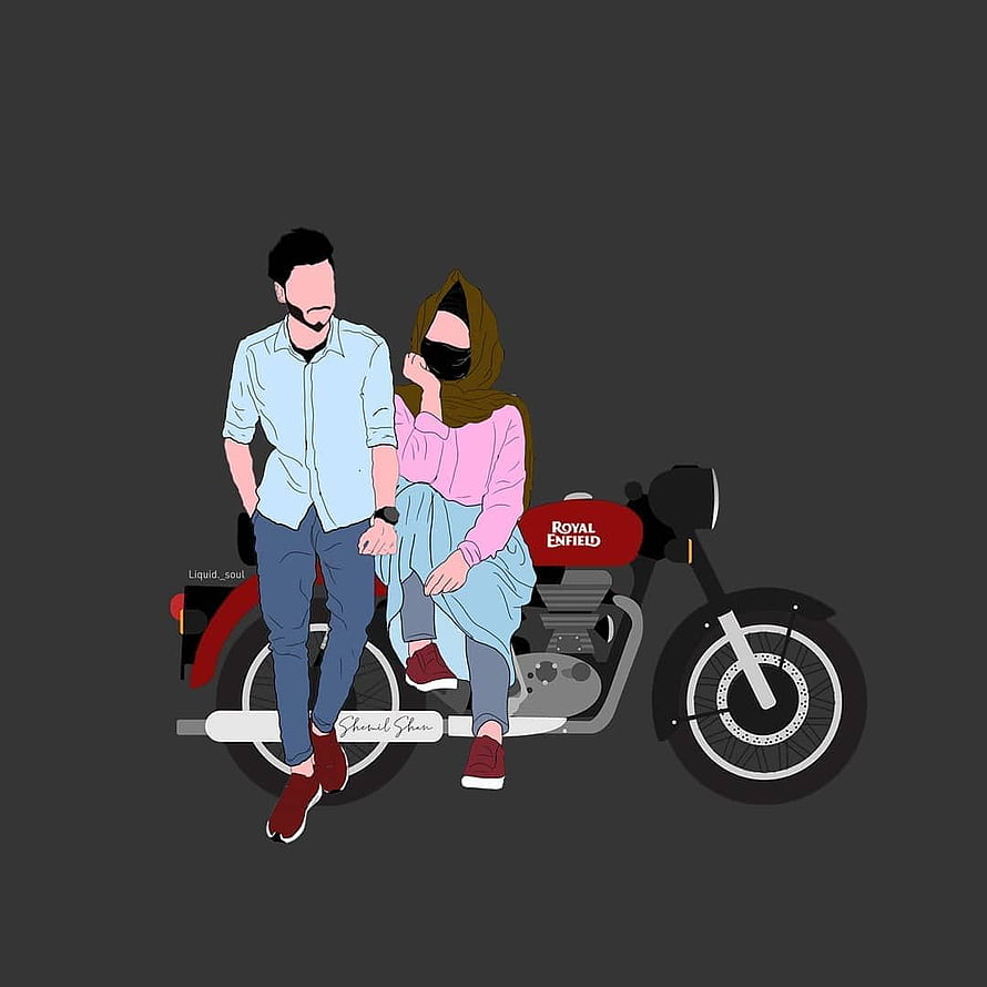 Cartoon Couple Riding a Royal Enfield Bullet Motorcycle on Dark Background HD phone wallpaper