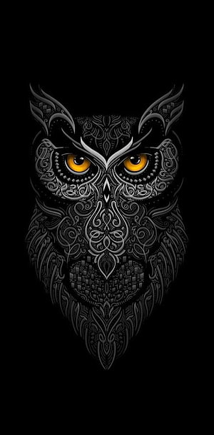 Intricate Ornamental Owl Face with Glowing Amber Eyes on Black Background HD phone wallpaper