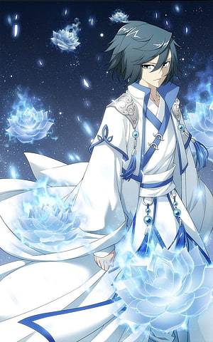 Xiao Yan from Battle Through the Heavens in White Robes with Glowing Blue Lotus Flowers HD phone wallpaper