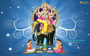 Lord Vishwakarma Riding an Elephant with Devotees Offering Prayers in Traditional Indian Art HD wallpaper