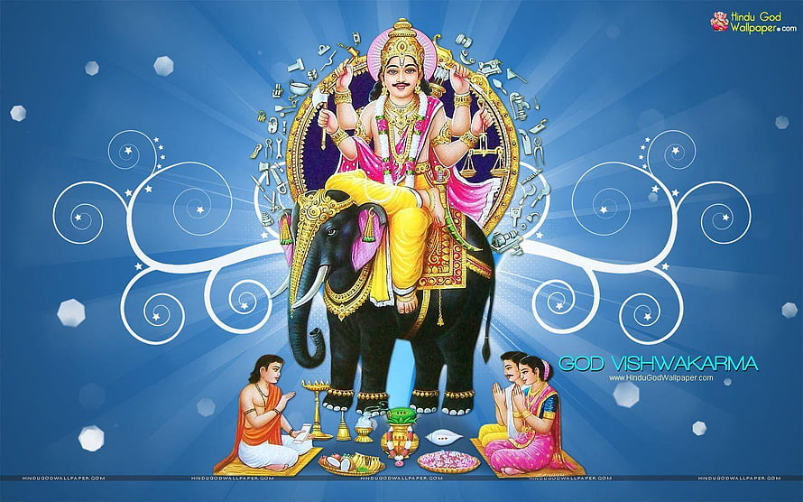Lord Vishwakarma Riding an Elephant with Devotees Offering Prayers in Traditional Indian Art HD wallpaper