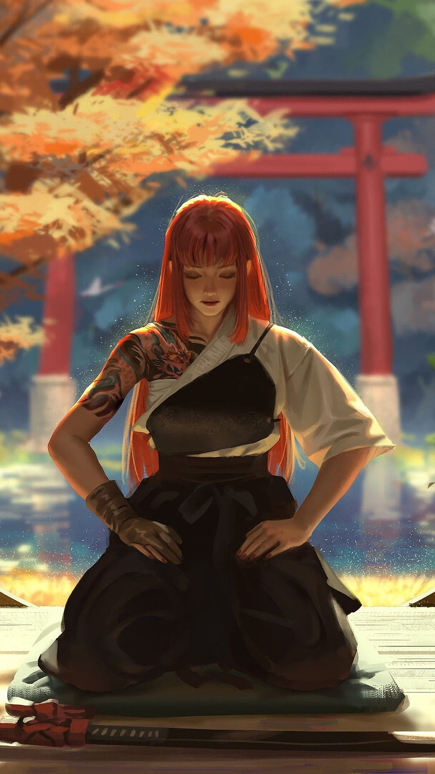 Red-Haired Woman in Traditional Japanese Attire Kneeling Before a Torii Gate HD phone wallpaper