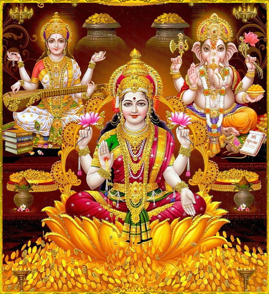 Goddess Lakshmi Seated on Lotus with Saraswati and Ganesha in Golden Temple Setting HD phone wallpaper