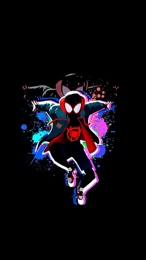 Miles Morales Spider-Man Dynamic Pose with Neon Splatter Art on Black Background, Amoled Miles Morales HD phone wallpaper