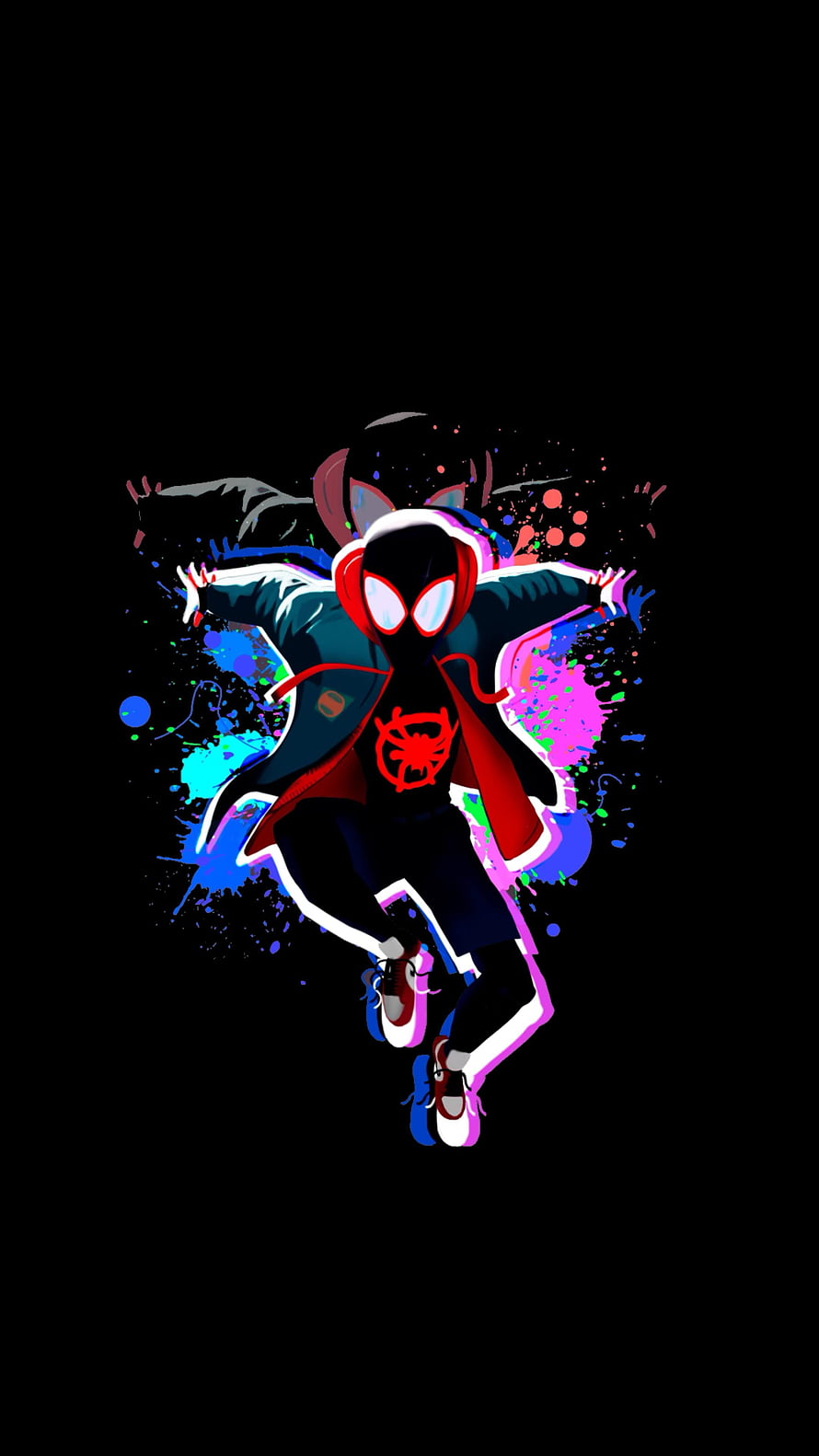 Miles Morales Spider-Man Dynamic Pose with Neon Splatter Art on Black Background HD phone wallpaper