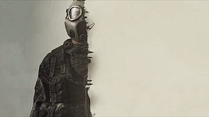 Dayz Soldier Character Wearing Gas Mask and Tactical Gear in Minimalist Setting HD wallpaper
