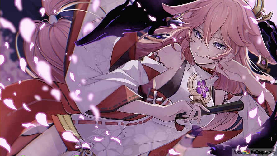 Yae Miko from Genshin Impact in a white and red outfit surrounded by floating petals HD wallpaper