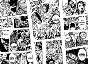 One Piece Manga Page Featuring Intense Battle Scenes and Dramatic Character Reactions HD wallpaper