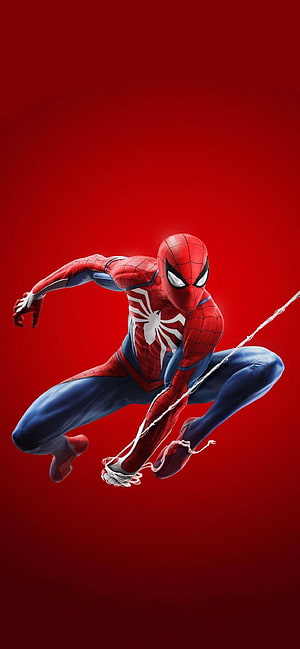 Spider-Man in Dynamic Crouching Pose with Web Line Against Vibrant Red Background, Spiderman 11 Pro Max, spider man 12 HD phone wallpaper
