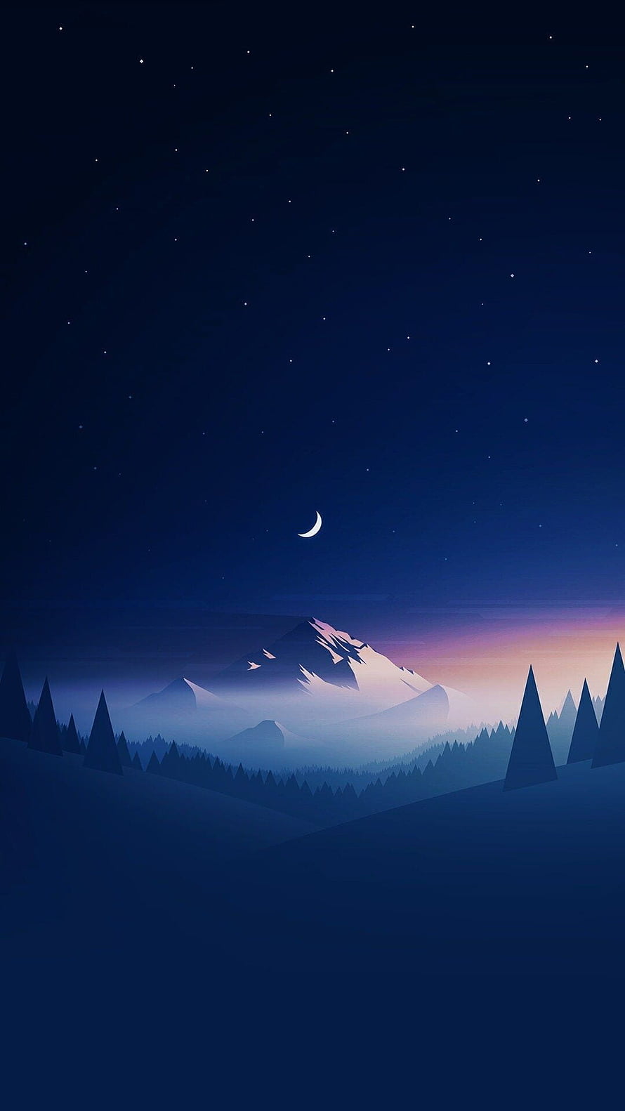 Minimalist Night Landscape with Crescent Moon, Snowy Mountain, and Starry Sky HD phone wallpaper