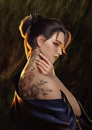 Elegant Samurai Woman with Floral Shoulder Tattoo in Traditional Robes HD phone wallpaper