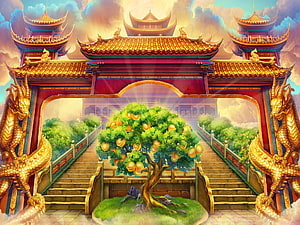 Golden Dragon Gate and Fruit Tree in a Fantasy Chinese Temple Landscape HD wallpaper