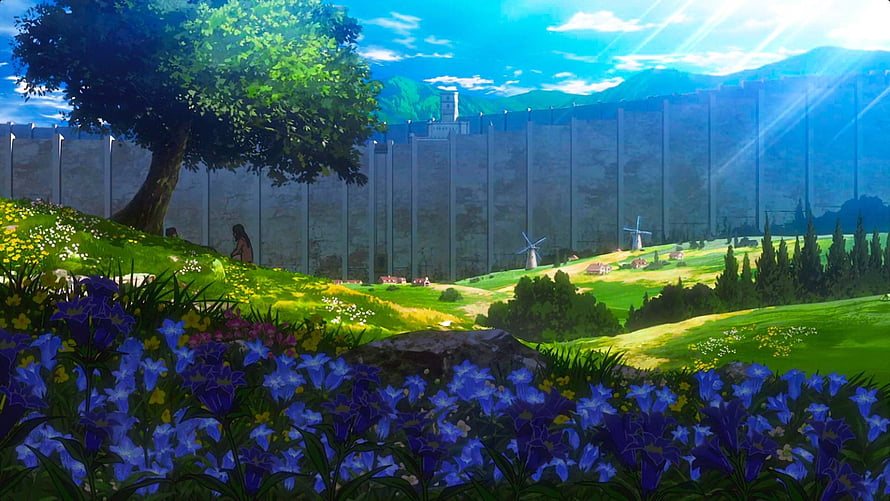 Attack on Titan Wall Maria Landscape with Windmills and Flower Fields HD wallpaper
