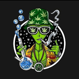 Stylized Green Alien Character Wearing Cannabis Hat and Smoking Pipe HD phone wallpaper