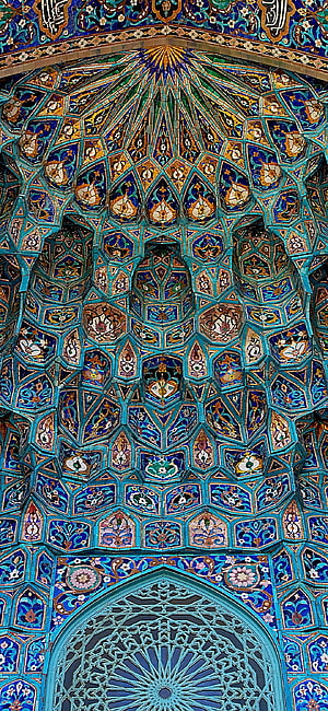Intricate Blue Tilework and Geometric Patterns of a Historic Islamic Mosque Dome Interior HD phone wallpaper