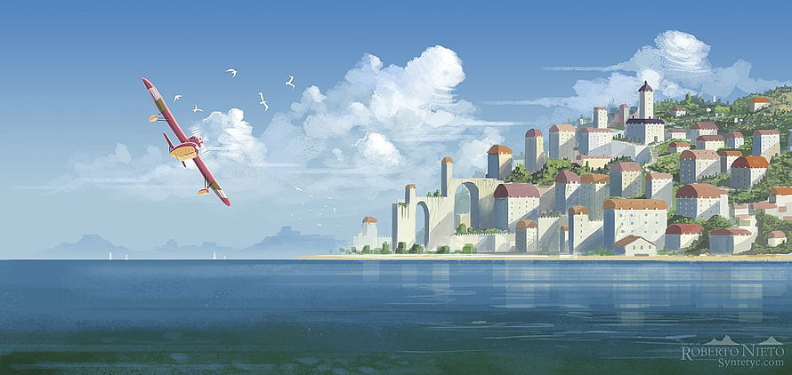 Porco Rosso Red Seaplane Flying Over Coastal Mediterranean Town HD wallpaper