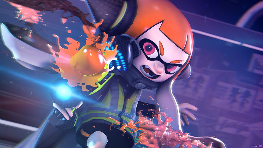 Agent 3 Splatoon Character in Action with Ink Splatter Effects HD wallpaper