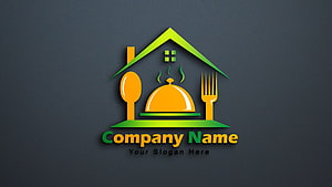 Modern Restaurant Logo Template Featuring House Shape With Serving Dome, Spoon, and Fork Icons HD wallpaper