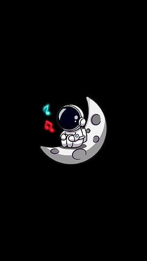 Cute Astronaut Sitting on Crescent Moon with Glowing Music Notes on Black Background HD phone wallpaper