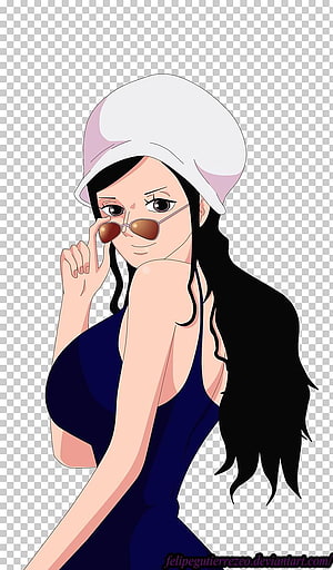 Nico Robin in a White Bucket Hat and Dark Blue Dress with Sunglasses HD phone wallpaper