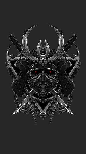 Dark Oni Samurai Mask with Glowing Red Eyes and Crossed Swords HD phone wallpaper