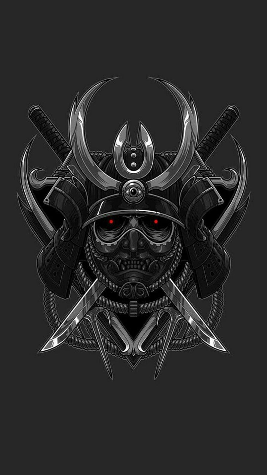Dark Oni Samurai Mask with Glowing Red Eyes and Crossed Swords HD phone wallpaper