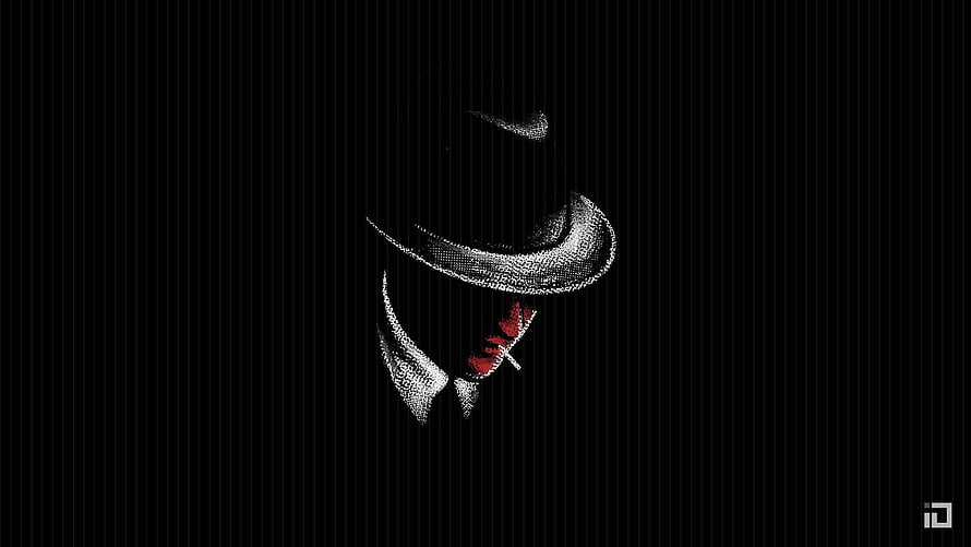 Mysterious Mafia Boss in Fedora and Red Tie, Minimalist Dot Art Portrait on Black Background HD wallpaper