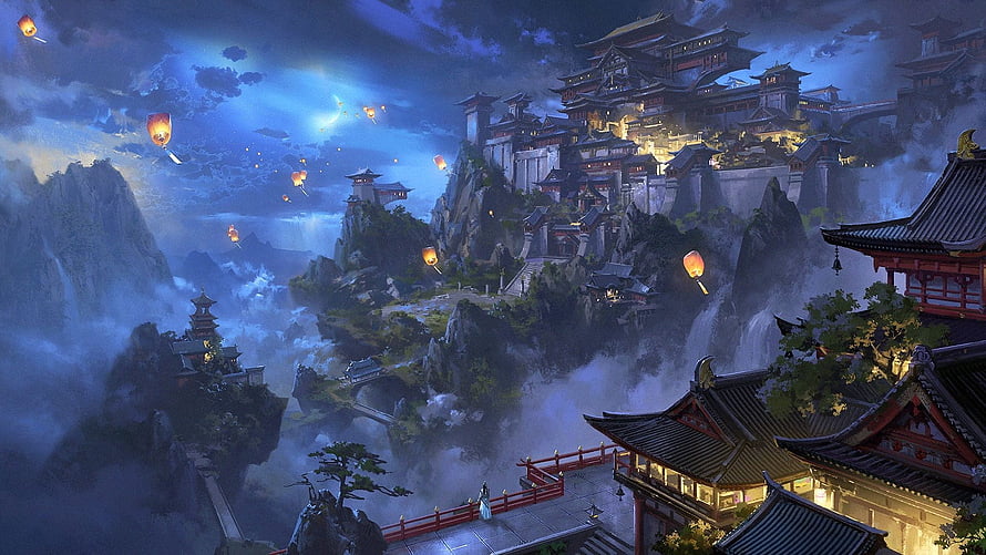 Mystical Chinese Mountain City with Floating Lanterns and Waterfalls at Night HD wallpaper