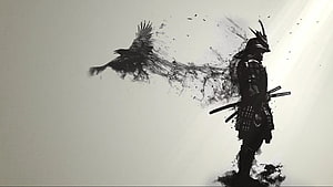 Ink Wash Samurai Warrior With Flying Raven Silhouette HD wallpaper