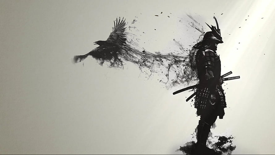Ink Wash Samurai Warrior With Flying Raven Silhouette HD wallpaper